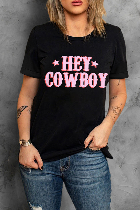 Black Hey Cowboy Letters Crew Neck T-Shirt